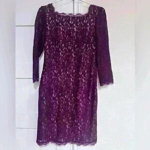 Adrianna Papell Purple Lace Overlay Long Sleeve Formal Dress- Size 6- EUC
